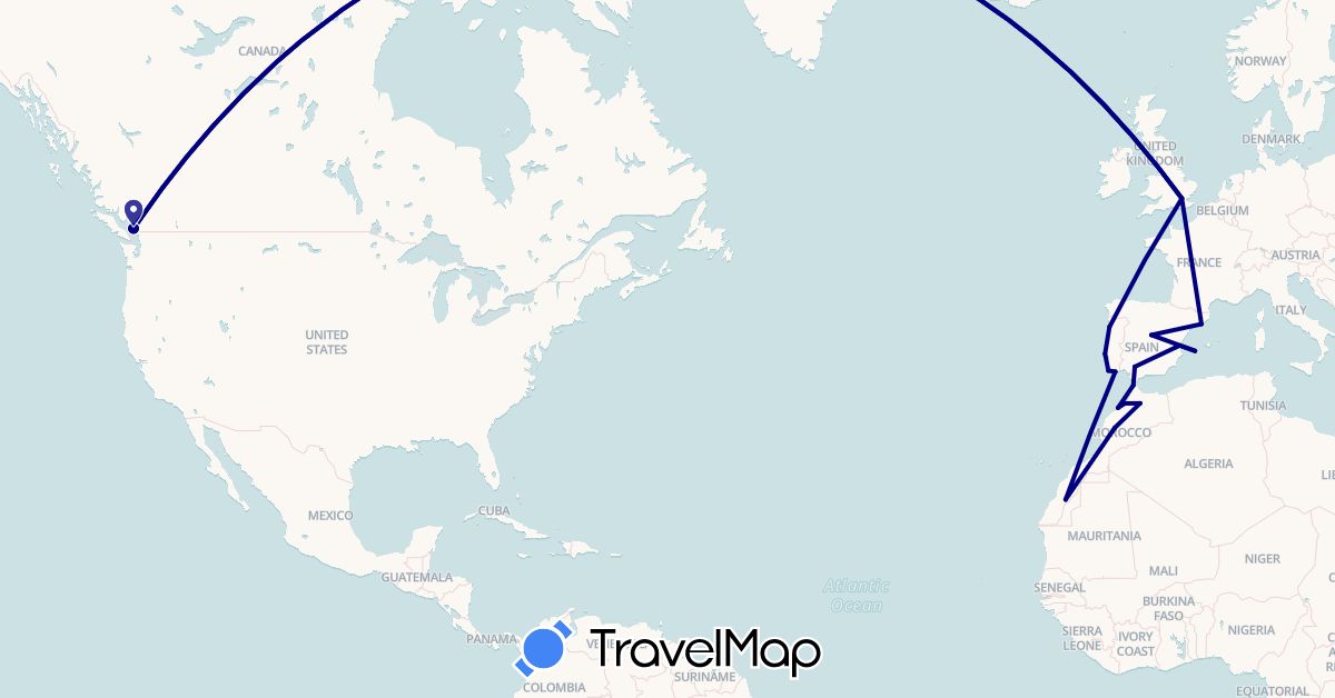 TravelMap itinerary: driving in Canada, Western Sahara, Spain, United Kingdom, Morocco, Portugal (Africa, Europe, North America)